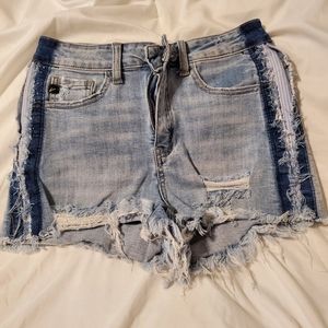 Kancan distressed jean shorts with side stripe